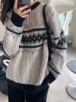 Жена вязаный пуловер Y2k с дълъг ръкав, ретро кръгъл отвор, страхотна графичен пуловер в стил мозайка, пуловер, жилетка, горна градинска облекло