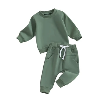 Пролетно-есенно-зимни дрехи за малките момчета, обикновена качулки, с кръгло деколте и дълги ръкави и дълги панталони, комплект дрехи от 2 теми