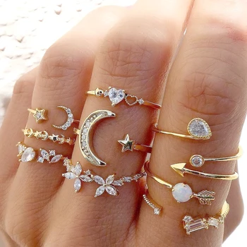 Реколта дамски комплекти, пръстени за пръстите, пръстен със звезда и Луна, пръстен с кристали, Рафтинг, Пръстен за момичета, бижута, аксесоари, подаръци