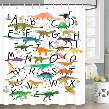 Детски душ завеси и с динозаври, декор за баня с красиви мультяшными животни за момчета и момичета, забавен динозавър, пъстър набор от завеси с азбука за баня