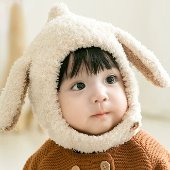 Сладки зимни детски шапки с заячьими уши, Топла Плюшен Капачка за малки момчета и Момичета, Скъпа Однотонная Топла шапка за предпазване ушите на новородени деца