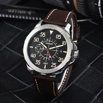 Случайни сребърен корпус Parnis 44 мм Автоматични мъжки часовник Кожена каишка Календар Механични мъжки спортни часовници 2023 Мъжки часовници за Подарък