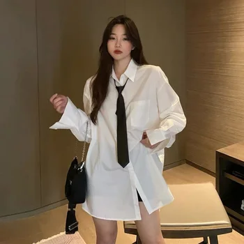 Готическата тениска Дамска Бяла риза Jk с дълъг ръкав Монофонични вратовръзка в Корейски стил Риза оверсайз Блуза е Свободна, Градинска облекло Потници
