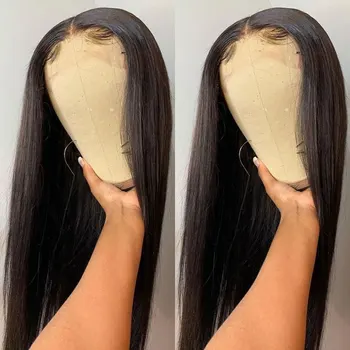 Зашеметяващи Черно синтетични перуки на дантели отпред, прави косата Копринено от устойчиви на топлина влакна, плочки от линията на растеж на косата, в средната част за черни жени