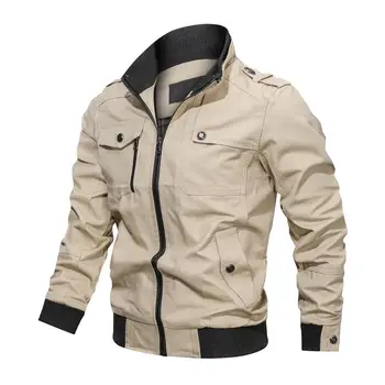 Мъжки однотонная яке, универсална мъжко яке-ветровка с яка-багажник, много джобове, еластична дъното, Стилно есенно-зимни модел