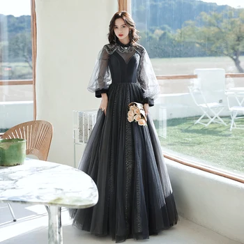 Черно луксозна вечерна рокля с дълги ръкави, Висока горловина, плисе, Трапециевидная чрез шнурове, по-големи размери, Дамски официални рокли XC086