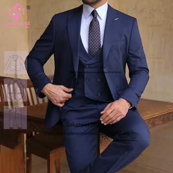 Модерен тъмно-сини костюми за мъже, Оборудвана бизнес комплект панталон от 3 теми, Официални младоженците, сватбена смокинги с отворотами, блейзър Masculino
