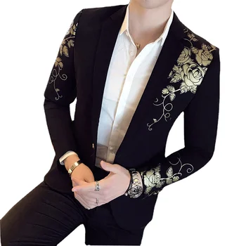 2022 Нов Мъжки Модерен Сватбен костюм на Младоженеца със Златен принтом, Костюми, Якета, Мъжки Ежедневни блейзър / Мъжки Блейзър Високо марка (1 бр.)