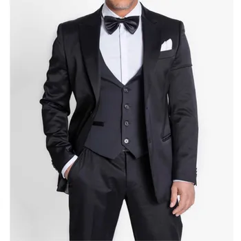 Черни однобортные бизнес мъжки костюми с остроконечным лацканом, сватбени смокинги от три части, зашити на поръчка нови (яке + панталон + елек)