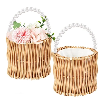 Плетени сватбени кошници за цветочниц Ракита кошница за цветя със сламен дръжка