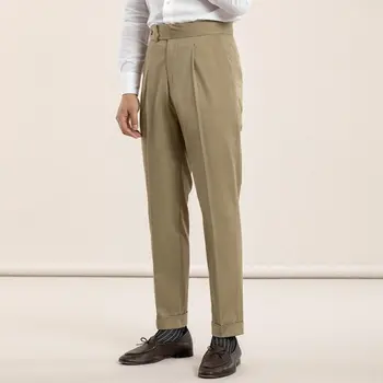 Официалните панталони, мъжки бизнес летни класически офис модни обикновен памучен панталон с висока талия, Ретро преки Свободни панталони в а23