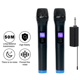 Професионален двоен безжичен микрофон Безжична ръчно с микрофон ЖКдисплей Индивидуални Регулатори на силата на звука на микрофона