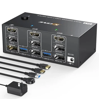 Тройна монитор KVM switch 2 Displayport + HDMI USB KVM switch 8K при 60 Hz 4K при 144 Hz 3 Монитора И 2 Компютъра на KVM с 4 порта USB 3.0