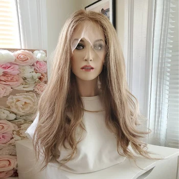 Комбинация от златисто естествени блондинов Подчертава Пълна дантела човешки на косата на Перука Балаяж Вълнообразни Естествени човешки косми HD Невидим перука, завързана Отпред Лукс