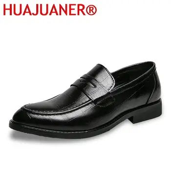 Нова официална обувки Черна кожена Ежедневни обувки, Мъжки бизнес лоферы-бюро, модел обувки без закопчалка, Удобни летни обувки с остър пръсти
