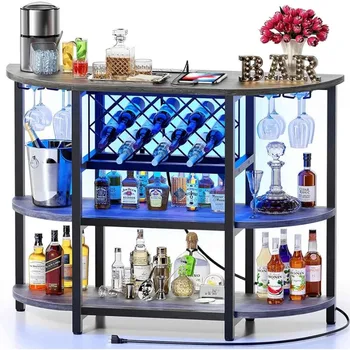 Бар маса Zarler с розетка, домашен мини-бар с led подсветка за алкохол и алкохолни напитки, метална поставка за вино бар с 4-уровневым хранилище