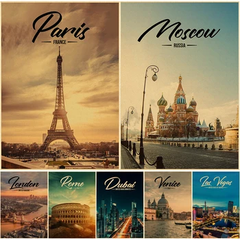 Плакати за пътуване по света, популярни туристически атракции, ретро щампи, Париж, Москва, Венеция, Ретро декор за дома, художествена боядисване стени