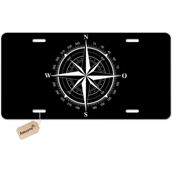 Декоративна плоча с предната номер знак Compass Rose, декоративна плоча с алуминиеви суета, е черно-бяла метална виси етикет с номер запознат с новост от суета